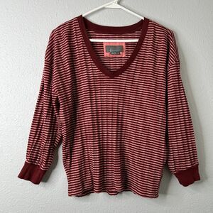 Anthropologie Hannah Ribbed Knit V Neck Top Pink Red Stripe Womens Medium